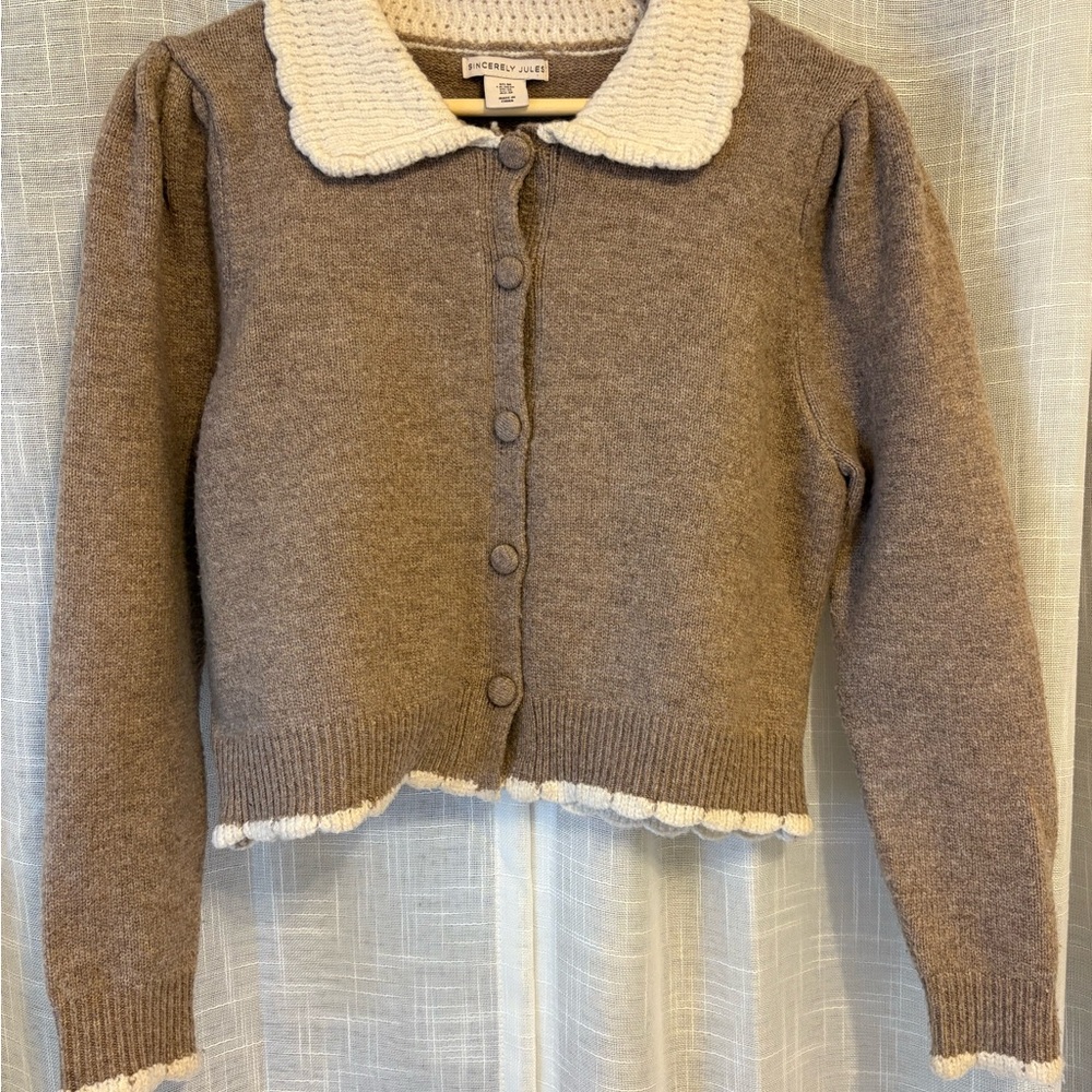 Sincerely Jules Brown Knit Cardigan with Cream Trim Collar